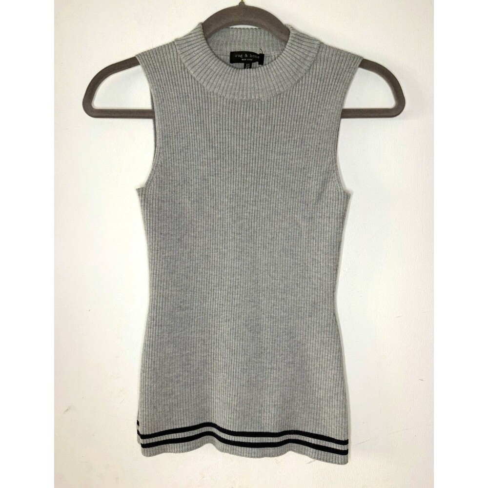 rag & bone Women's XS Gray Rib-Knit Sleeveless Mock Neck Sweater Black Stripe
